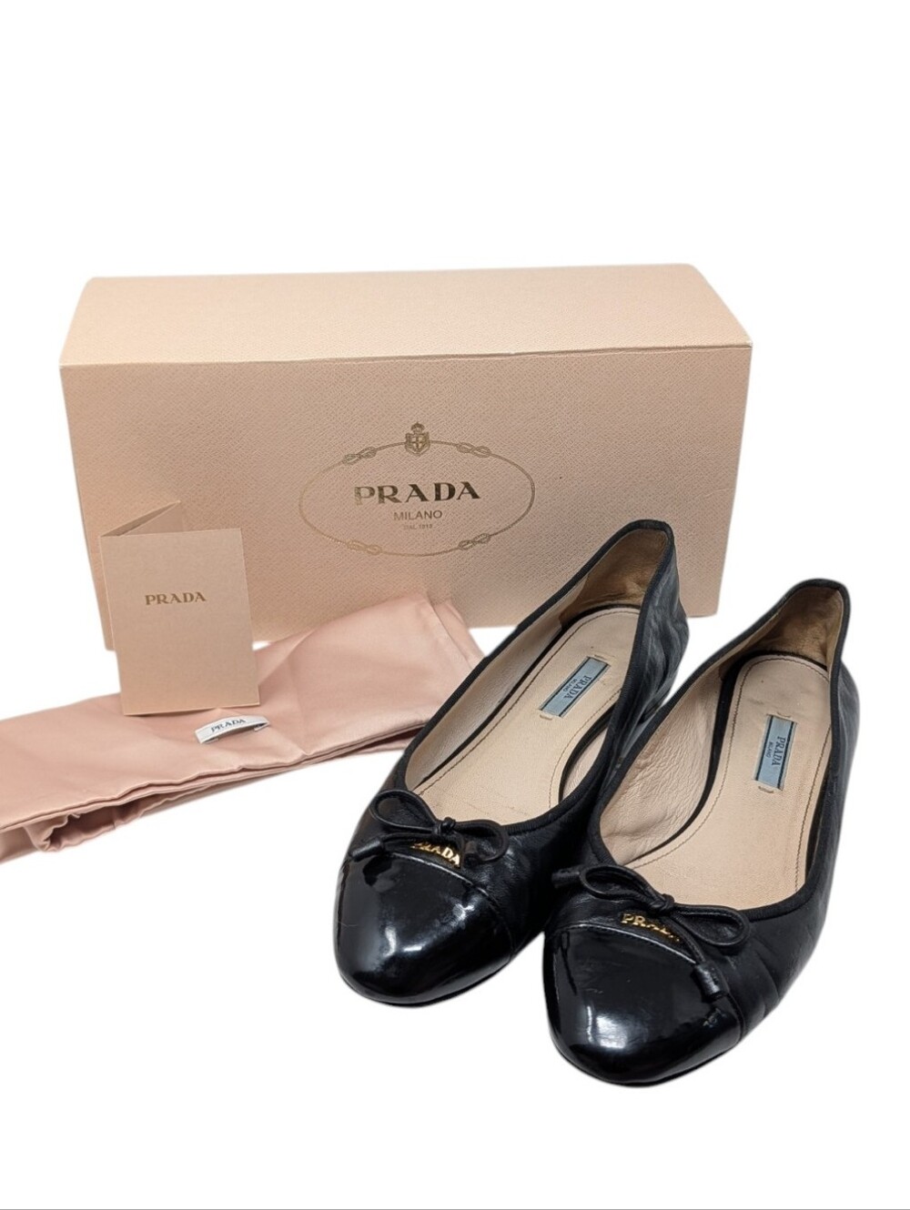 Prada Black Cap Toe Bow Leather Logo Ballerina Ballet Flats Size EU 39